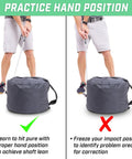 Golf Swing Impact Bag Trainer for hand position, left shows proper position, right shows incorrect position for practice aid