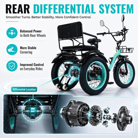 Rear Differential System on Two Seater Electric Trike For Adults With Passenger Seat And Foldable Frame 1350W Peak Motor 48V 15.6Ah Battery