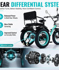 Two Seater Electric Tricycle For Adults With 1350W Peak Motor 90 Mile Range 48V 15.6Ah Battery Rear Differential And Hydraulic Brakes For Safe Family Rides Comfortable Passenger Seat And Smooth City And Trail Performance rear differential close-up