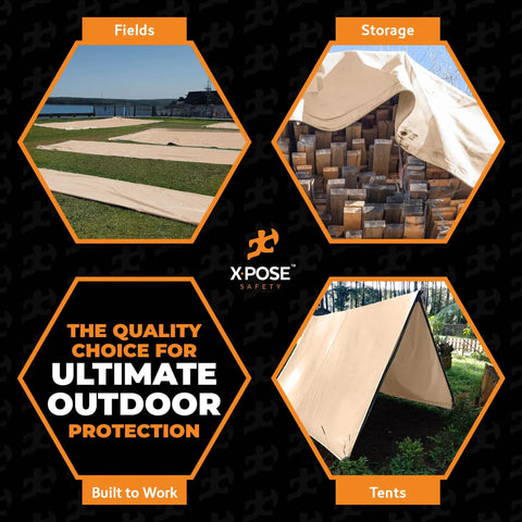 Heavy Duty Tan Poly Tarp 5 Ft By 7 Ft Multipurpose Protective Cover Waterproof Weatherproof Rip And Tear Resistant Extra Thick 12 Mil Polyethylene used in fields, storage, and tents.
