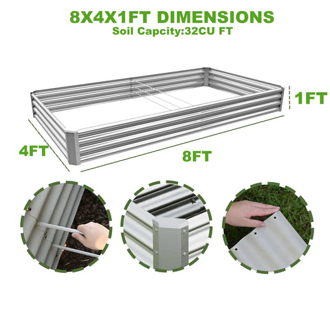 Two Pack 8x4x1ft Raised Garden Bed Kit Galvanized Metal Planter Boxes For Outdoors Ideal For Vegetables Flowers And Herbs With Easy Assembly And Durable Weatherproof Build, showing dimensions and installation details.