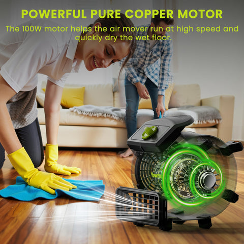 Air Mover 100W Carpet Dryer, Powerful Floor Drying Fan With 550 CFM, 4 Speed And 3 Blowing Positions, being used on hardwood floor