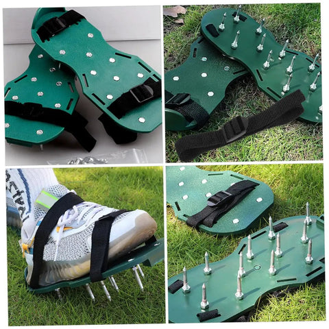 Sixteen Piece Durable Lawn Aerator Shoes With Boss Grade Spike Straps for effective garden aeration and lawn care tasks.