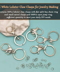 Top Shelf 30 Pc Lobster Clasp Keychain Set With Hella Strong Swivel Hooks Plus 100 Open Jump Rings For Diy Jewelry Making And Craft Repair, featuring silver lobster clasps and jump rings on a blue background.