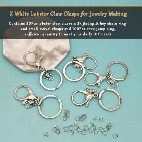 Top Shelf 30 Pc Lobster Clasp Keychain Set With Hella Strong Swivel Hooks Plus 100 Open Jump Rings For Diy Jewelry Making And Craft Repair, featuring silver lobster clasps and jump rings on a blue background.