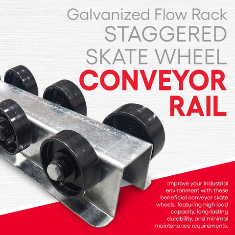 Heavy Duty Roller Conveyor Flow Rail - 5 Ft Galvanized Steel Gravity System with staggered plastic skate wheels for smooth movement.