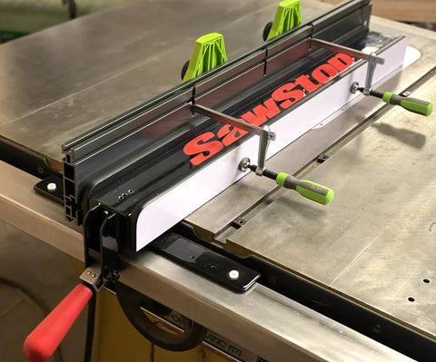 Slick And Kickass 24 Inch Table Saw Fence Extension with Triple T Track Rails, showcasing precision clamps and sturdy design.