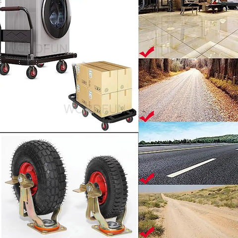 Built Different Heavy Duty Swivel Trolley Casters With Steel Plates And Flat Free Rubber Wheels 900 Lb Load Rating on various surfaces.