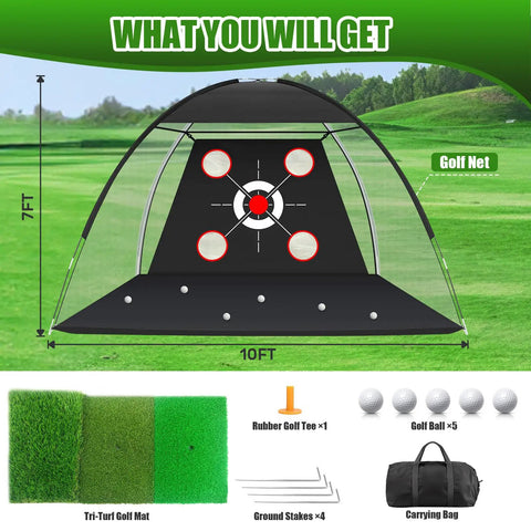 10x7Ft Golf Net With Practice Mat for backyard driving, chipping, swing practice net setup with accessories