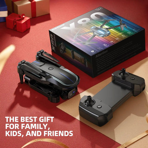 Beginner Friendly Foldable Camera Drone With 1080P Video and controller, shown with packaging on a colorful surface.