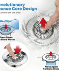 Three In One Kitchen Sink Drain Strainer Stopper Basket With Odor Filter And Anti Clog Tech shown pressed to store water