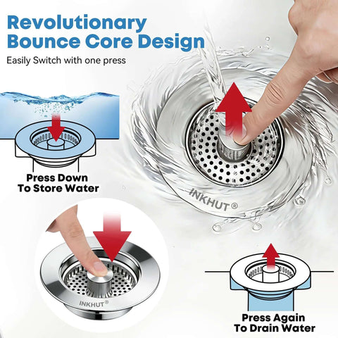 Three In One Kitchen Sink Drain Strainer Stopper Basket With Odor Filter And Anti Clog Tech shown pressed to store water