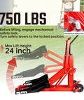 Heavy Duty 750Lb Capacity Hydraulic Riding Lift Jack For Tractors AtVs And Zero Turn Lawn Mowers with mechanical safety lock feature.