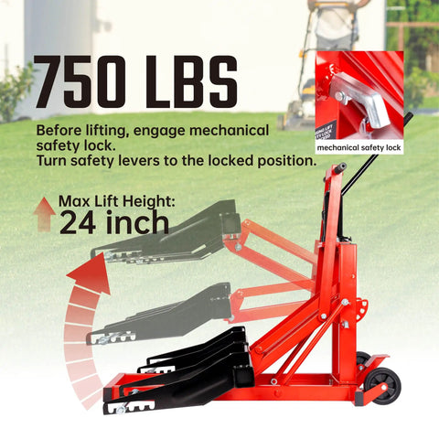 Heavy Duty 750Lb Capacity Hydraulic Riding Lift Jack For Tractors AtVs And Zero Turn Lawn Mowers with mechanical safety lock feature.