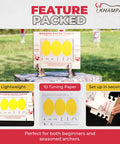 Image of a Portable Reusable Archery Paper Tuning Kit With Stand And 12 Replaceable Target Sheets set up outdoors and in use.