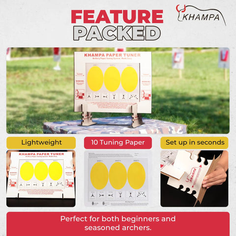 Image of a Portable Reusable Archery Paper Tuning Kit With Stand And 12 Replaceable Target Sheets set up outdoors and in use.