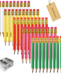Image of Premium 25-Pack Hexagonal Wooden Golf Pencils with Built-In Erasers and Graphite 2B Lead in assorted colors, shown with a sharpener.