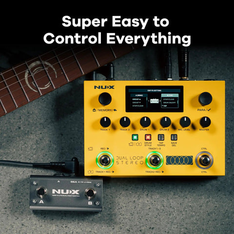 Top view of Dual Track Stereo Looper Pedal For Electric Guitar With Dual Drum Machine To Layer Sounds Switch Tracks Easy.