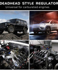 Universal 1 To 5 PSI Fuel Pressure Regulator For Carburetors With Zinc Alloy Body shown with vehicles and engine close-ups