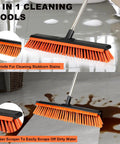 18 Inch Push Broom Outdoor With Rubber Squeegee for Heavy Duty Cleaning, showing stiff bristles and squeegee on wet concrete floor.