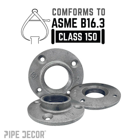 2 Inch Malleable Iron Floor Flanges Set Of 4 For Standard 2 Inch Threaded Pipes And Fittings, industrial steel grey, shown