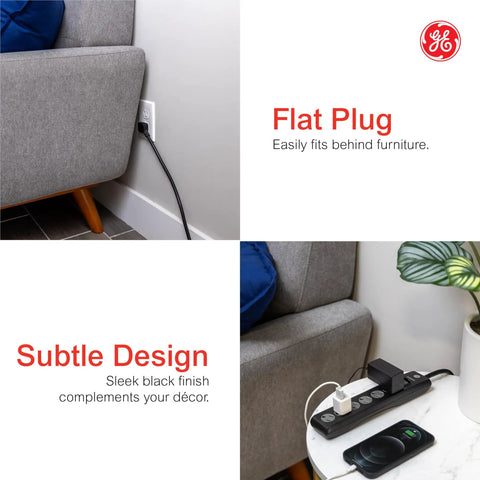 Six Outlet Surge Protector With Ten Foot Extension Cord For A Simple No Fuss Power Strip Setup And 800 Joules Of Surge Protection Twist To Close Safety Covers Protected Indicator Light ETL Listed Black in use behind a sofa and on a table.