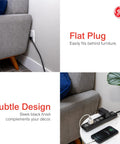 Heavy Duty Six Outlet Surge Protector Power Strip With Four Foot Extension Cord And 800 Joules Protection mounted behind furniture.