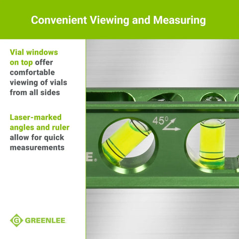 Close-up of four easy-read vials on magnetic torpedo level for electricians, highlighted with laser-marked angles.