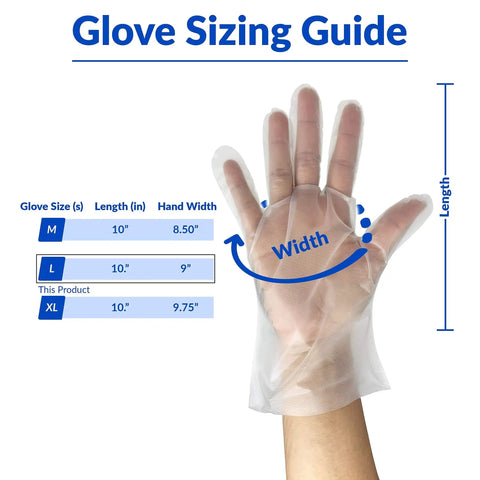 Glove sizing guide with hand wearing clear Latex Free Disposable Gloves Large 200 Pack Hybrid TPE Ambidextrous For Food Handling.