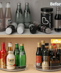 Before and after storage improvement using Two Pack Nine Inch Clear Acrylic Lazy Susan Turntable Spinner With Non Slip Base For Kitchen Pantry Cabinet Fridge And Makeup Tray That Is A Straight Up Game Changer For Decluttering Your Home Hella Sturdy.