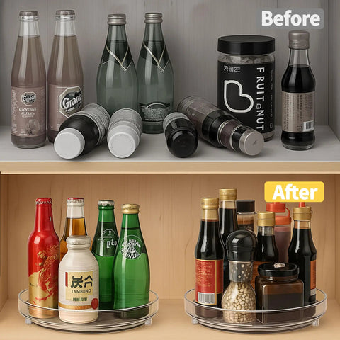 Before and after storage improvement using Two Pack Nine Inch Clear Acrylic Lazy Susan Turntable Spinner With Non Slip Base For Kitchen Pantry Cabinet Fridge And Makeup Tray That Is A Straight Up Game Changer For Decluttering Your Home Hella Sturdy.