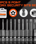 10 Piece 5 Point Security Torx Bit Set With Tamper Proof Star Driver Head Magnetic S2 Alloy Steel Quarter Inch Hex Shank TT8 To TT45 Sizes displayed
