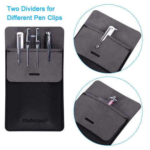 Pocket Protector Pen Holder Pouch 3 Pack Heavy Duty PU Leather Multi Purpose Clip with pens and dividers in black.