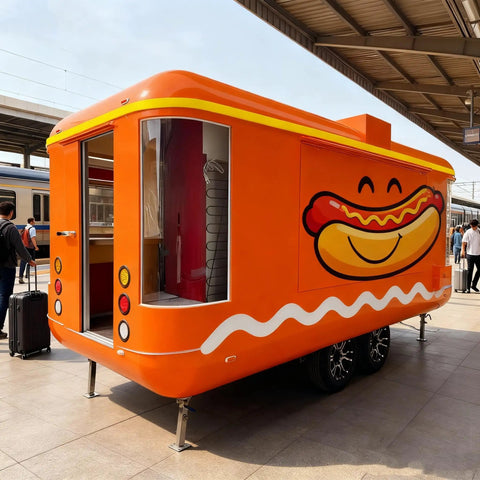Kickstart Your Street Food Hustle With This Commercial Grade Mobile Food Truck Trailer featuring a bright orange exterior and hot dog graphic.