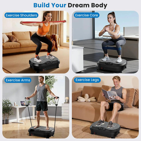 People using Vibe Plate Vibration Exercise Machine for lymphatic drainage, full body workout, and muscle toning, shown in home setting.