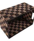 Top Shelf Clothing Storage Bin With Reinforced Metal Frame And Grippy Polyester Weave Handles, checkered design, open top, woven material.