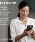 Woman using smartphone app to manage Smart Smoke Detector With WiFi And Alexa Compatibility, Google Home features listed on side.