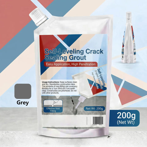 Slick Self Leveling Concrete Crack Filler Featuring A Hella Strong Fast Setting Formula For Driveways And Patios Includes Easy Pour Applicator Premium Grey Cement Sealer For Hardcore Outdoor Repair Jobs in 200g pouch.