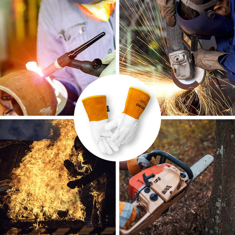 Heavy Duty Leather Work Gloves For Welding And Heat Protection, 12 Pairs Cowhide Split Leather, shown in various work scenarios.