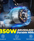 850W brushless motor detail of Heavy Duty Brushless Cordless Circular Saw With Twenty Volt Max Motor Cuts Lumber Like A Boss.