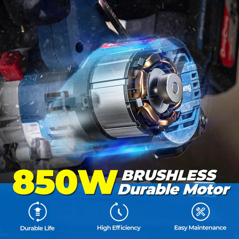 850W brushless motor detail of Heavy Duty Brushless Cordless Circular Saw With Twenty Volt Max Motor Cuts Lumber Like A Boss.
