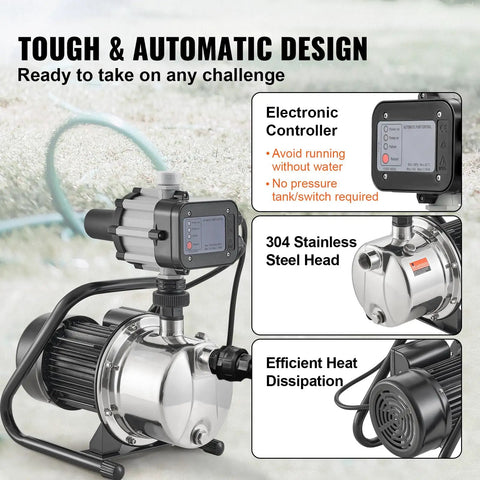 1HP Shallow Well Pump Portable Jet Pump With Automatic Controller 1380 GPH 145 Ft Head Stainless Steel Water Transfer