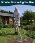 Man using 17 Inch Lawn Leveling Rake With Stainless Steel Handle Heavy Duty Landscape Tool in backyard garden