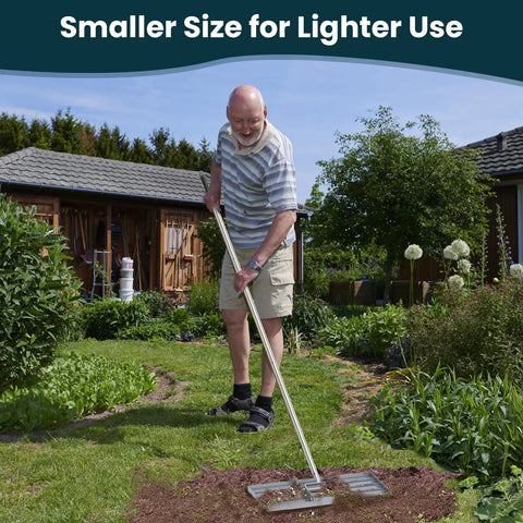 Man using 17 Inch Lawn Leveling Rake With Stainless Steel Handle Heavy Duty Landscape Tool in backyard garden