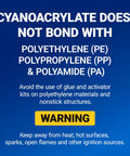 Cyanoacrylate Glue with Activator Kit warning sign indicating it does not bond with polyethylene, polypropylene, and polyamide.