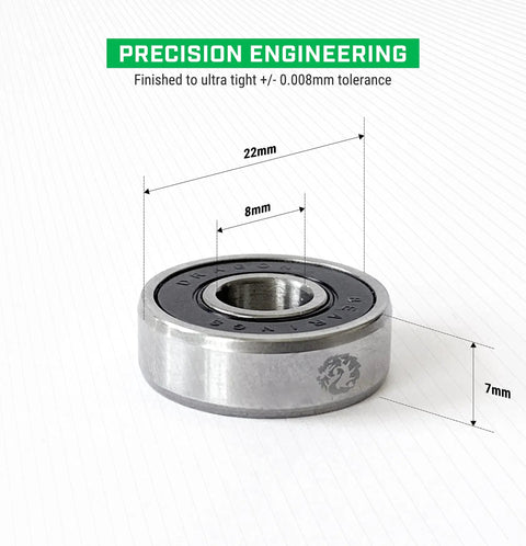 Dragon 608 Skateboard Bearings Set 8 Pack For Longboards Inline And Roller Skates All Weather Pre Lubed dimensions shown