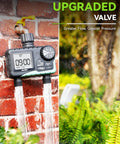 Two Zone Garden Hose Water Timer With Rain Delay And Manual Watering on brick wall, showing dual flow and upgraded valves