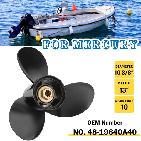 Beefed Up 10 3/8 Inch Aluminum Outboard Propeller With 13 Pitch, 10 Spline Teeth, Right Hand Rotation, Part 48-19640A40 Upgrade for Mercury 9.9 15 18 20 25 HP Motors, Marine Boat Prop Built For Rough Waters