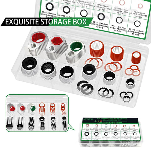 Assortment kit with 110 Piece Air Conditioning Compressor Seal Washers, 12 sizes, detailed view of seals and gaskets in box.