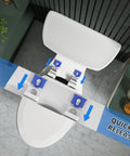 Top Shelf Molded Wood Toilet Seat Slow Close Lid High Gloss White Elongated Shape with quick detach hinges demonstrated.